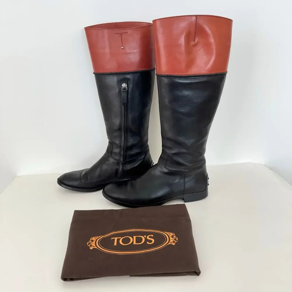 Tod's Leather Knee-High Zipper Riding Boots Black Rust Brown Size 38 (US 8)